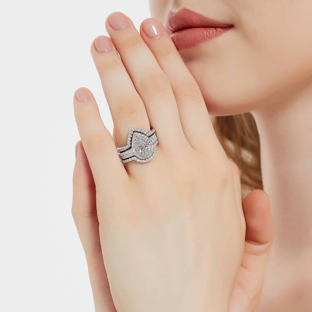 Halo Milgrain Pear CZ Ring Set in Sterling Silver