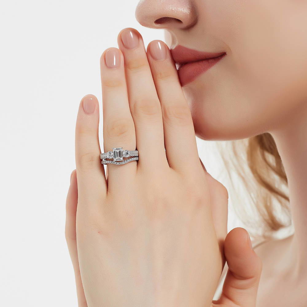 3-Stone 1ct Emerald Cut CZ Ring in Sterling Silver