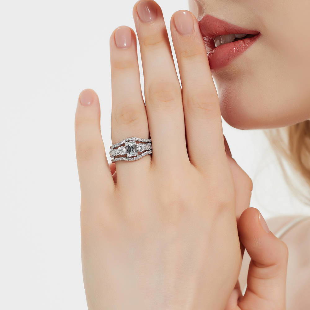 3-Stone Emerald Cut CZ Ring Set in Sterling Silver