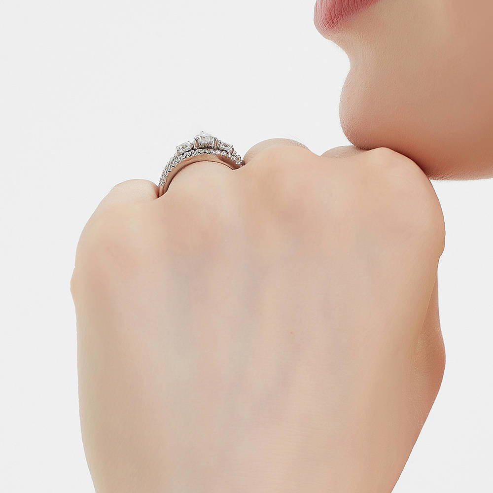 Model wearing 3-Stone Pear CZ Ring Set in Sterling Silver, 7 of 16