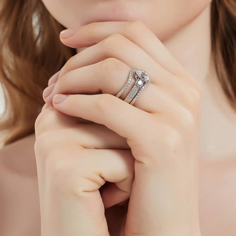 Model wearing 3-Stone Pear CZ Ring Set in Sterling Silver, 6 of 16