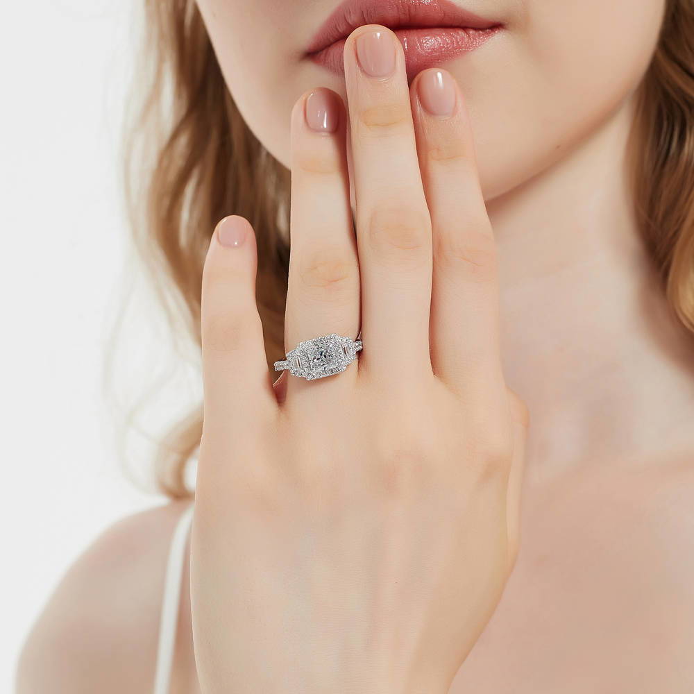 Halo 3-Stone Art Deco 1.2ct Princess CZ Ring in Sterling Silver