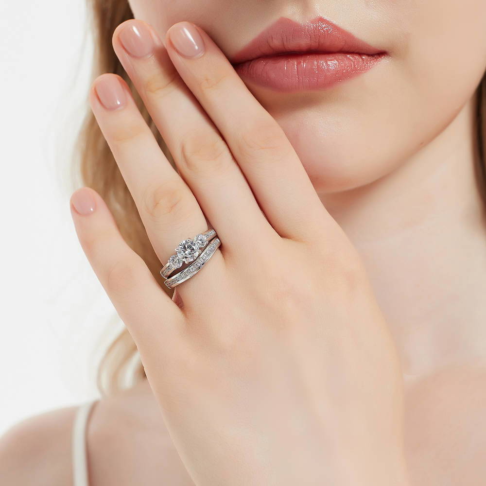 3-Stone Round CZ Ring Set in Sterling Silver