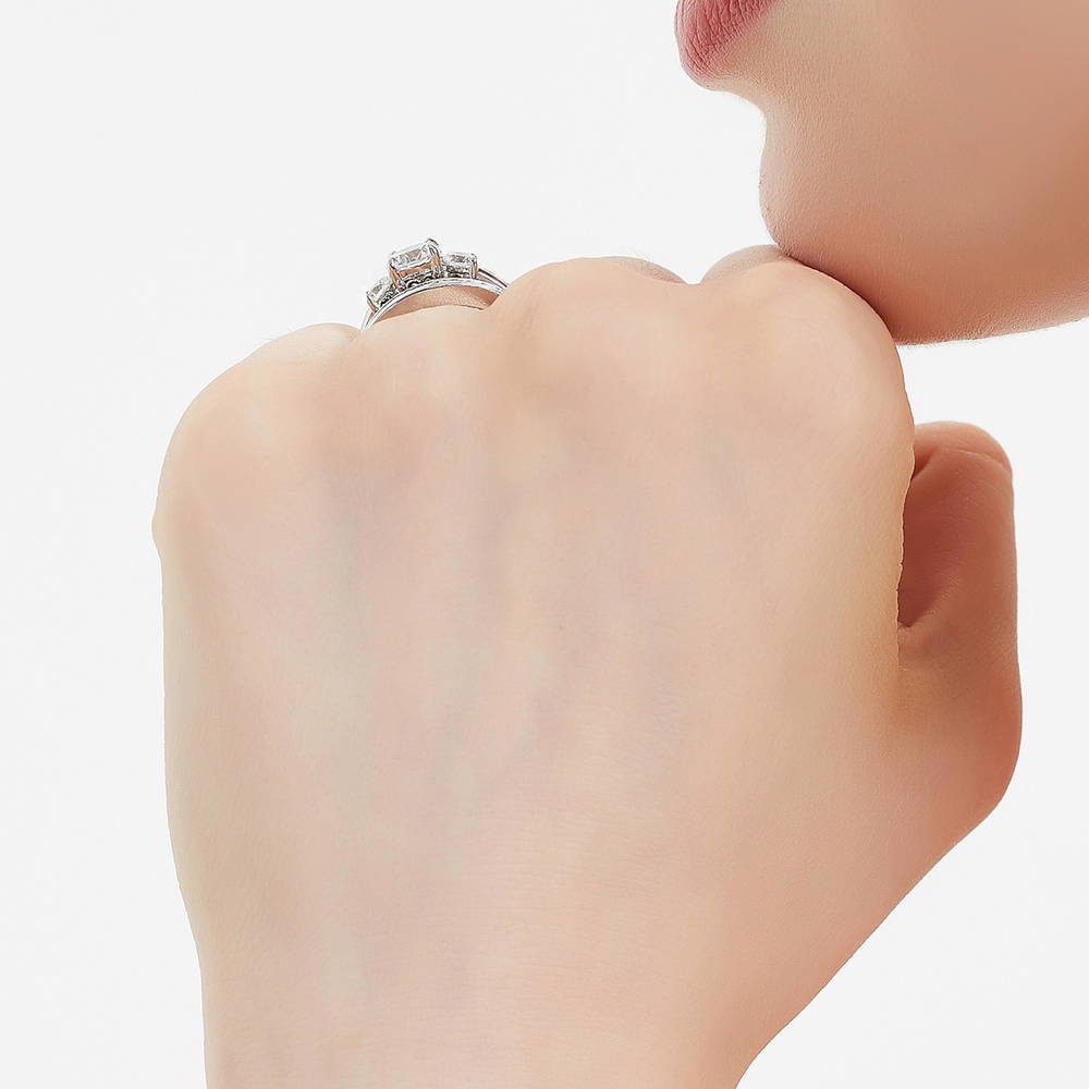 Model wearing 3-Stone Round CZ Ring Set in Sterling Silver, 8 of 17