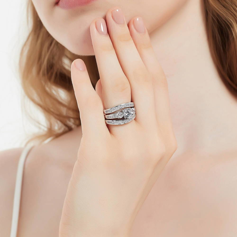 Model wearing 3-Stone Round CZ Ring Set in Sterling Silver, 5 of 17