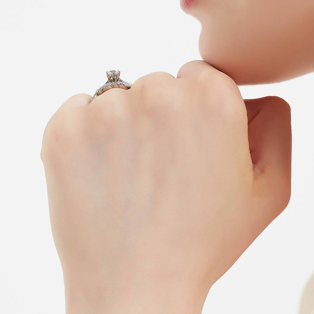 Model wearing Solitaire 0.45ct Round CZ Ring Set in Sterling Silver, 8 of 18