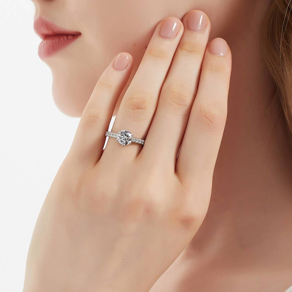 Model wearing Solitaire 1.25ct Round CZ Ring Set in Sterling Silver, 2 of 13