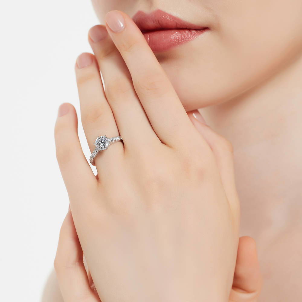 Model wearing Solitaire 1.25ct Round CZ Ring Set in Sterling Silver, 6 of 13
