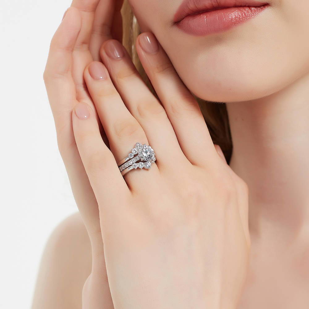 Solitaire 5-Stone Wishbone 2ct CZ Ring Set in Sterling Silver