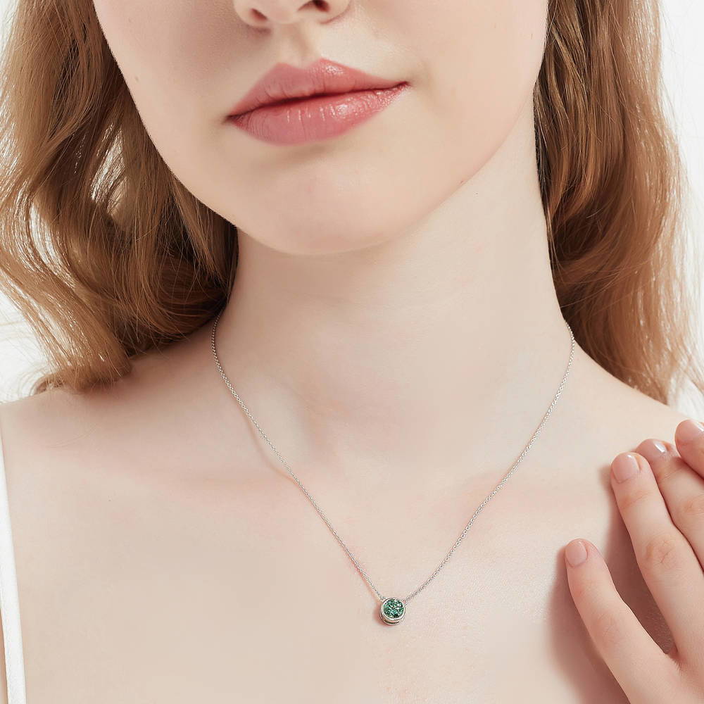 Solitaire Green Bezel Set Round CZ Necklace in Sterling Silver 0.8ct