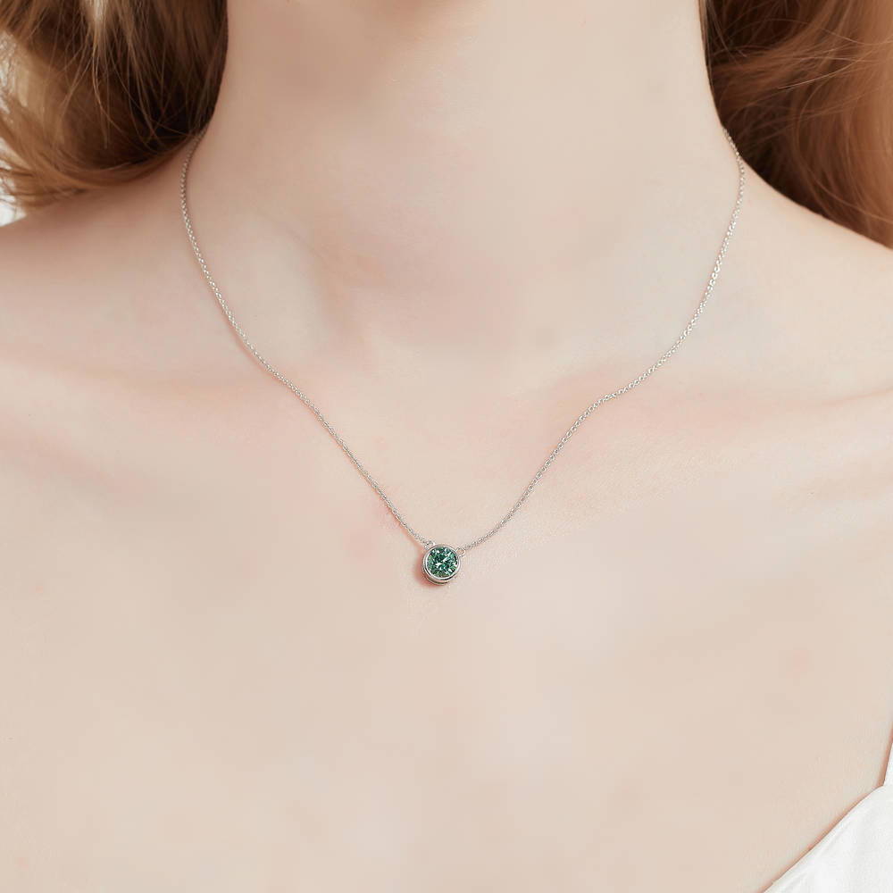 Solitaire Green Bezel Set Round CZ Necklace in Sterling Silver 0.8ct