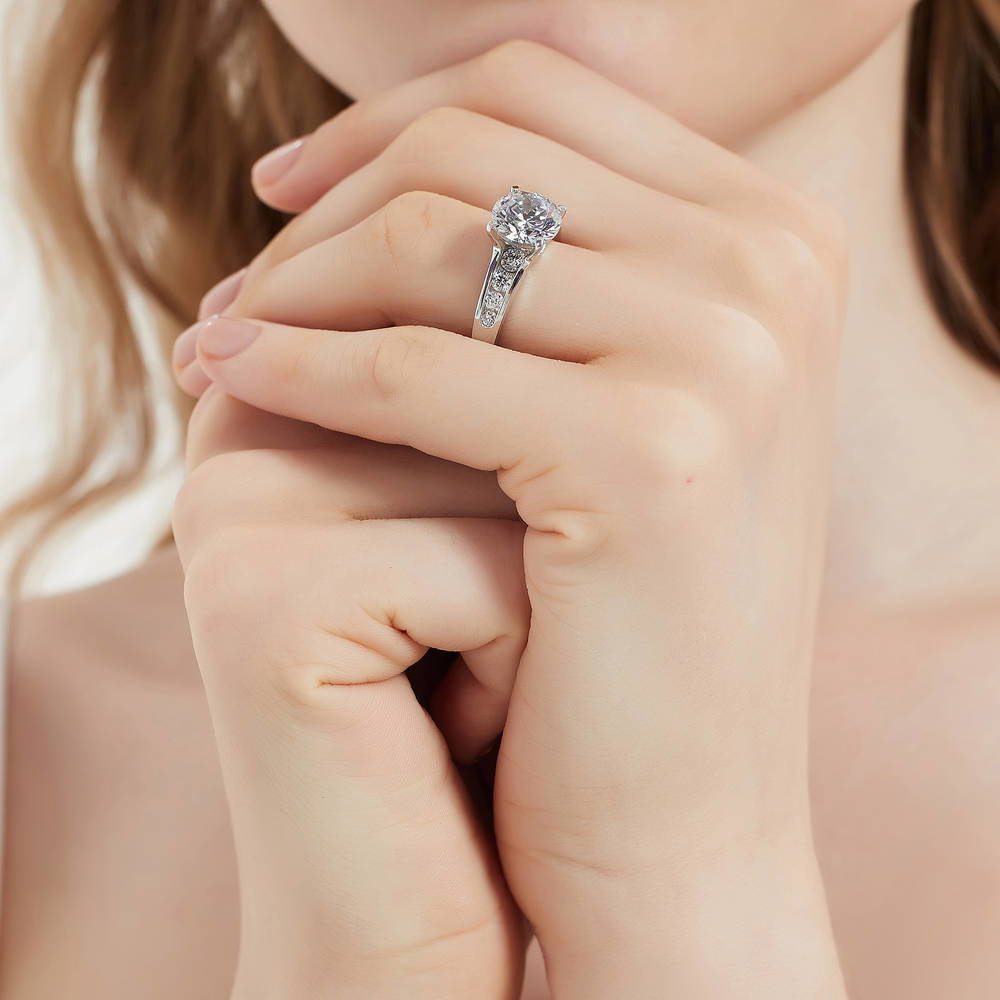 Model wearing Solitaire 2.7ct Round CZ Ring Set in Sterling Silver, 13 of 19