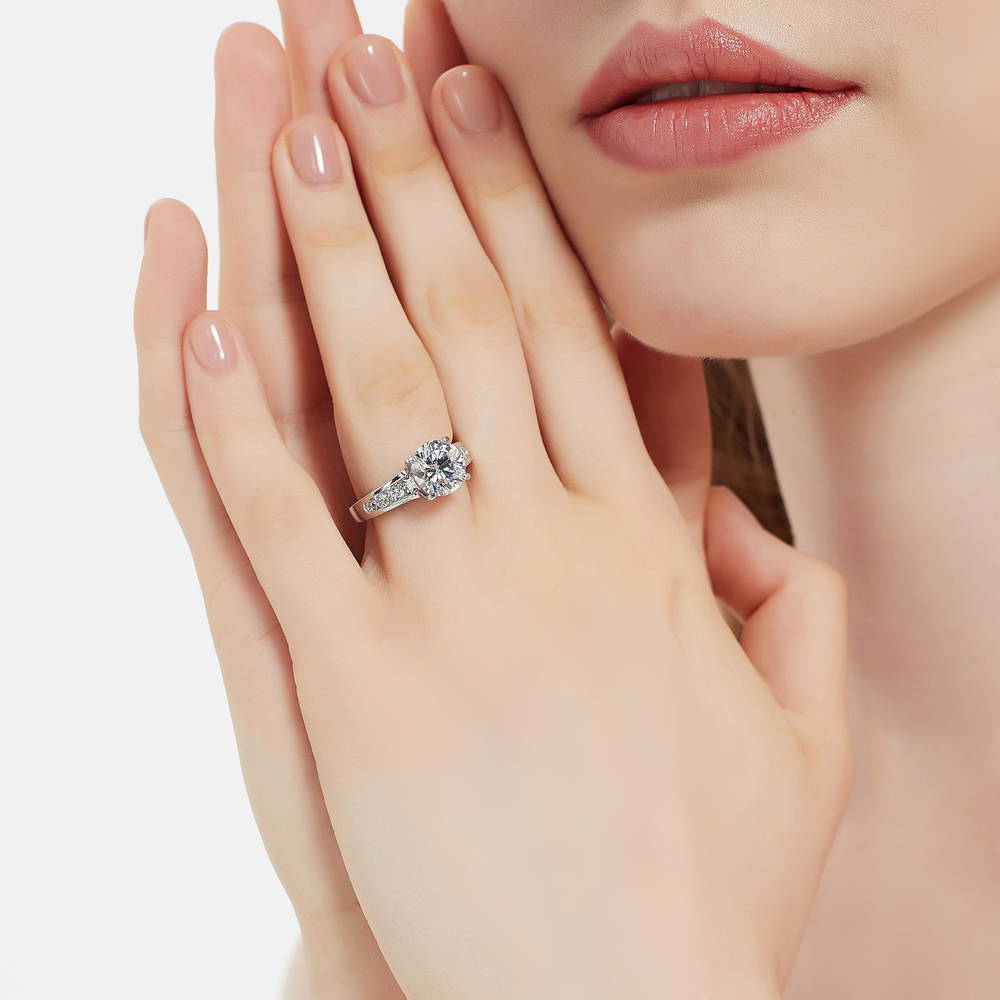 Model wearing Solitaire 2.7ct Round CZ Ring Set in Sterling Silver, 12 of 19