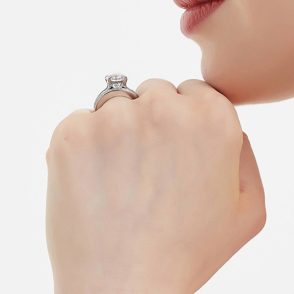 Model wearing Solitaire 2.7ct Round CZ Ring Set in Sterling Silver, 7 of 19