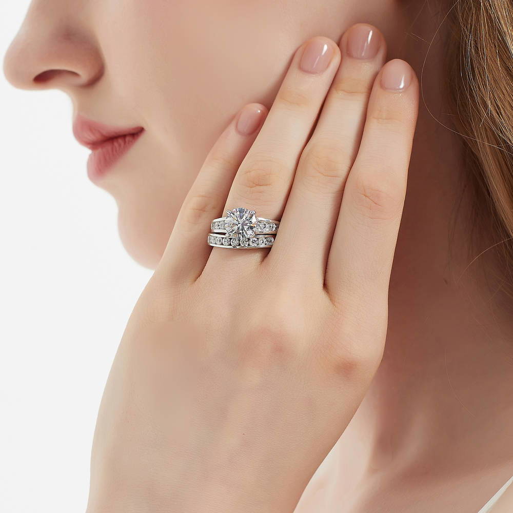 Model wearing Solitaire 2.7ct Round CZ Ring Set in Sterling Silver, 2 of 19
