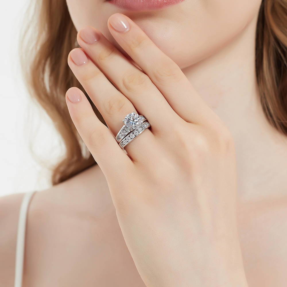 Model wearing Solitaire 2.7ct Round CZ Ring Set in Sterling Silver, 3 of 19