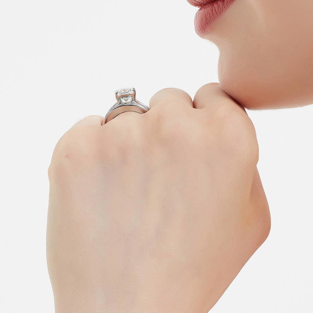 Solitaire 3ct Cushion CZ Ring Set in Sterling Silver