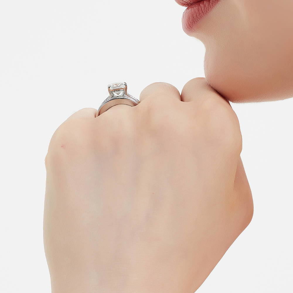 Model wearing Solitaire 3ct Cushion CZ Ring Set in Sterling Silver, 7 of 16