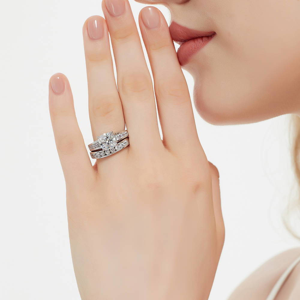 Model wearing Solitaire 3ct Cushion CZ Ring Set in Sterling Silver, 2 of 16