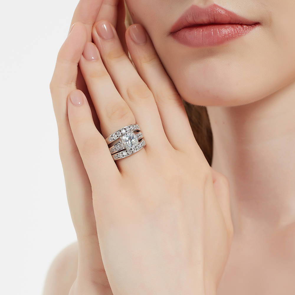 Model wearing Solitaire 3ct Cushion CZ Ring Set in Sterling Silver, 3 of 16