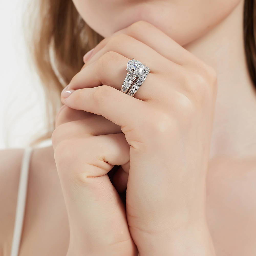 Model wearing Solitaire 2.5ct Oval CZ Ring Set in Sterling Silver, 6 of 16