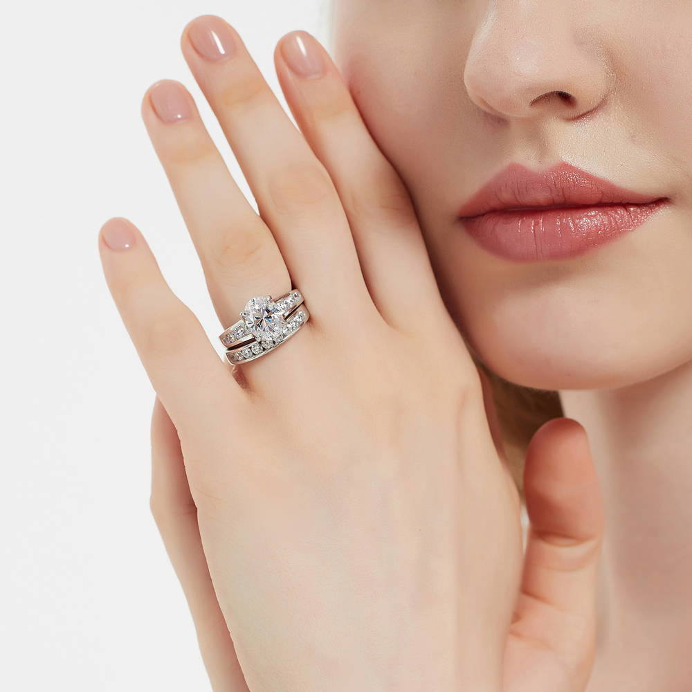 Model wearing Solitaire 2.5ct Oval CZ Ring Set in Sterling Silver, 3 of 16