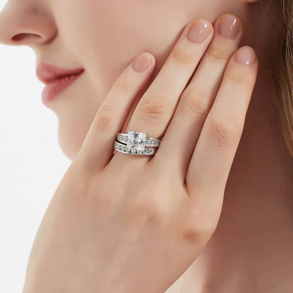 Solitaire 3ct Princess CZ Ring Set in Sterling Silver