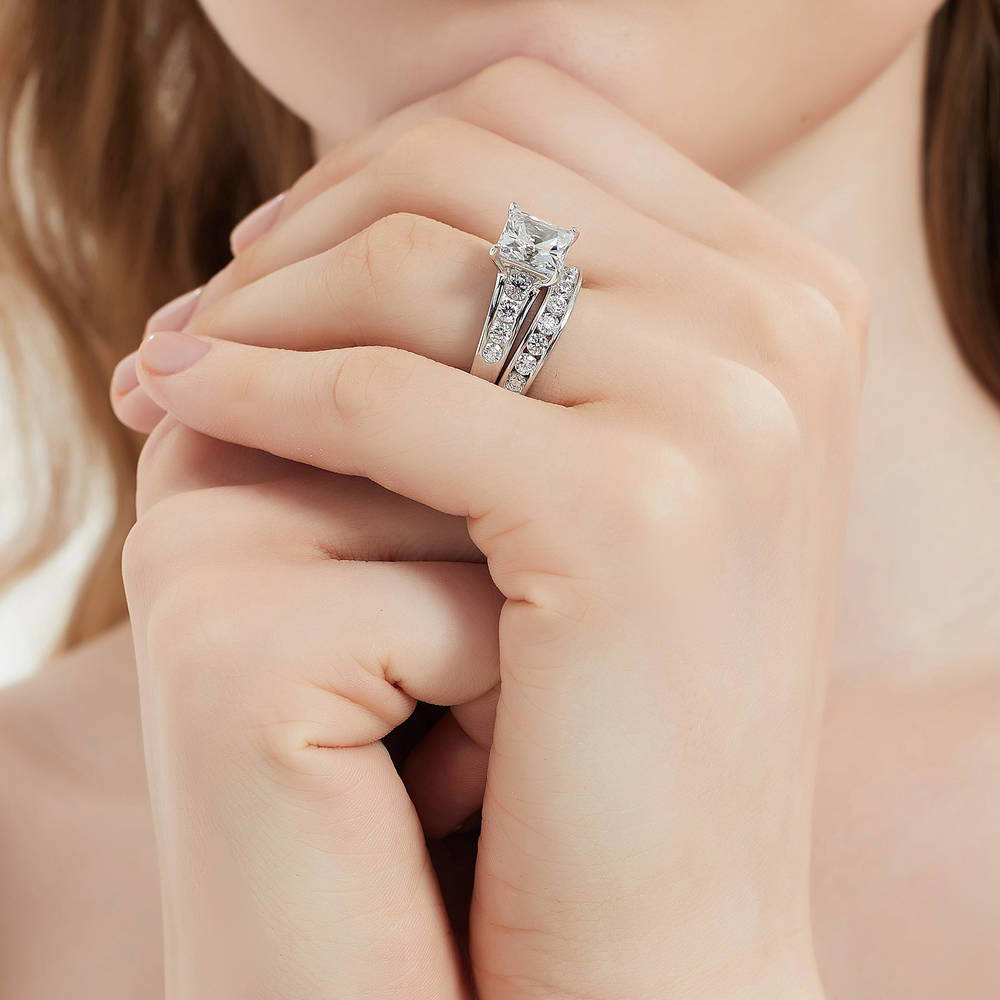 Solitaire 3ct Princess CZ Ring Set in Sterling Silver