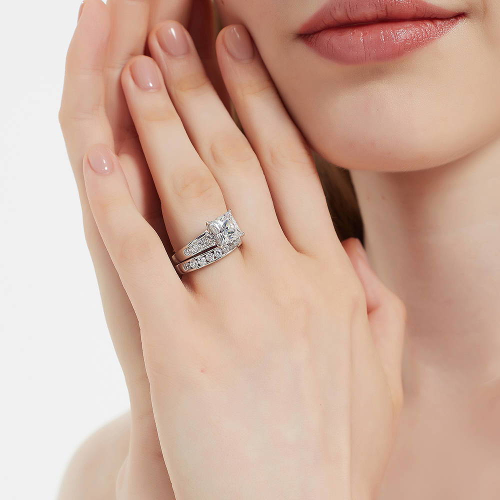 Solitaire 3ct Princess CZ Ring Set in Sterling Silver