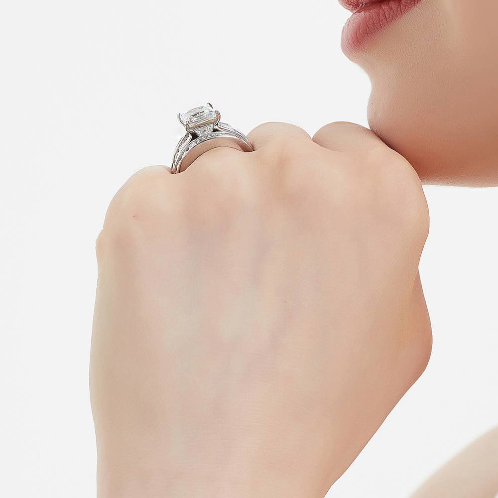Solitaire 3ct Princess CZ Ring Set in Sterling Silver