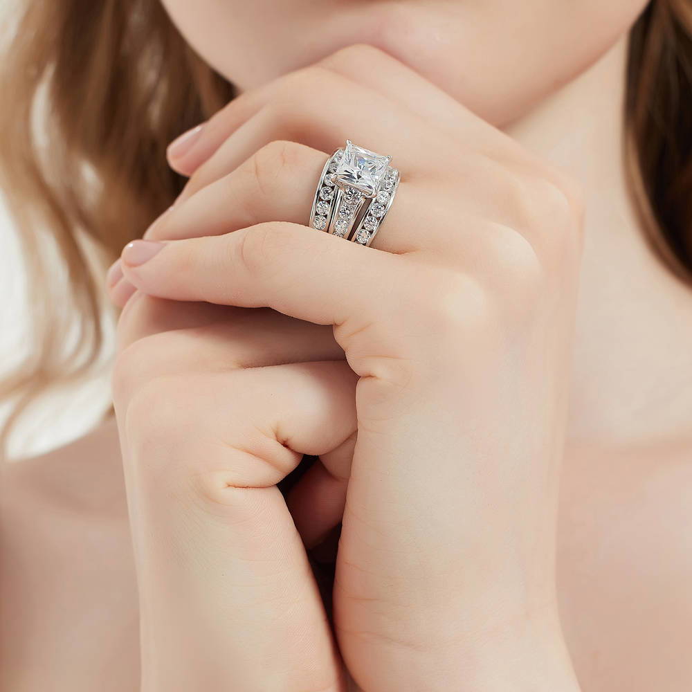 Solitaire 3ct Princess CZ Ring Set in Sterling Silver