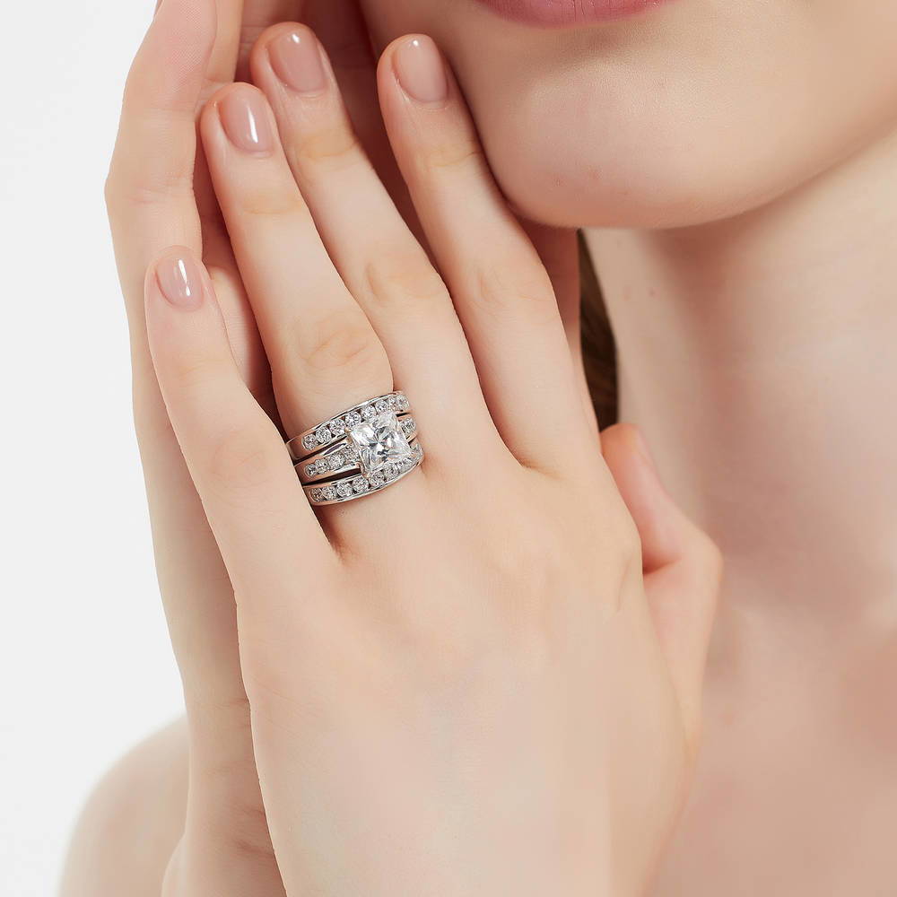 Solitaire 3ct Princess CZ Ring Set in Sterling Silver