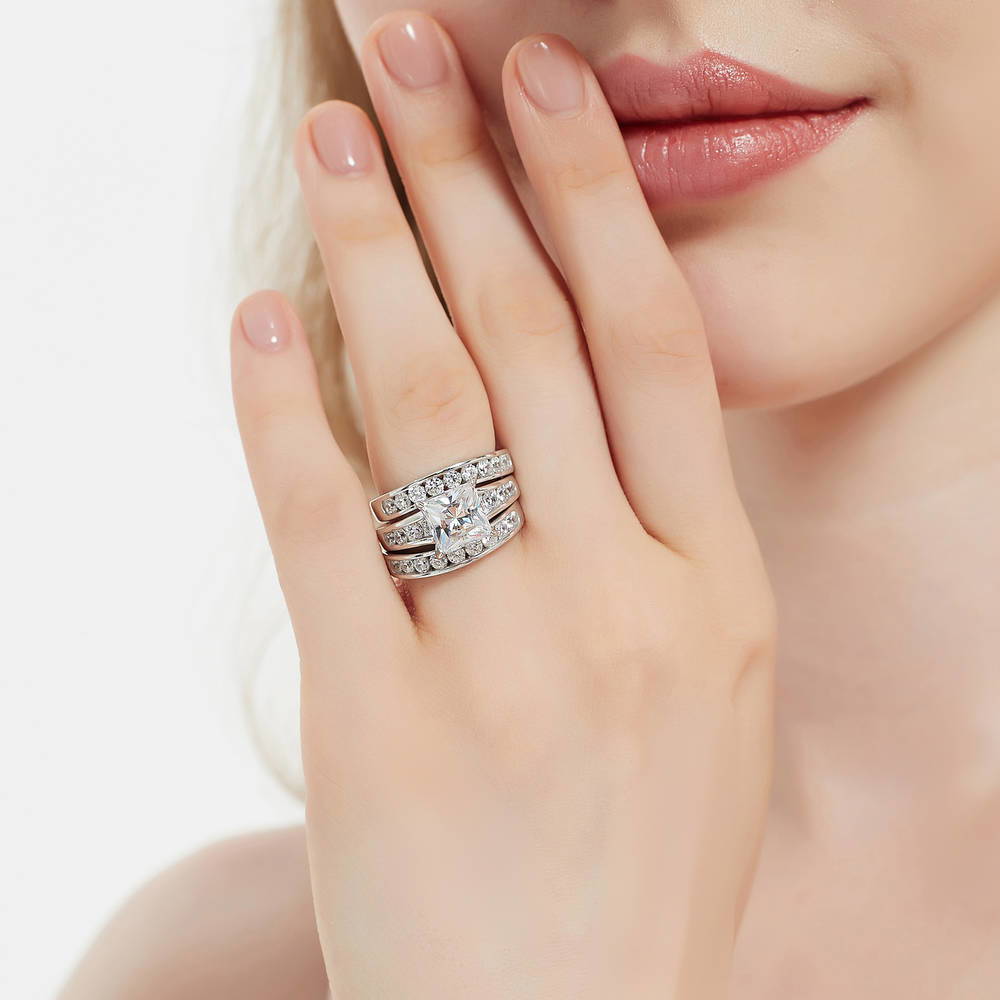 Solitaire 3ct Princess CZ Ring Set in Sterling Silver