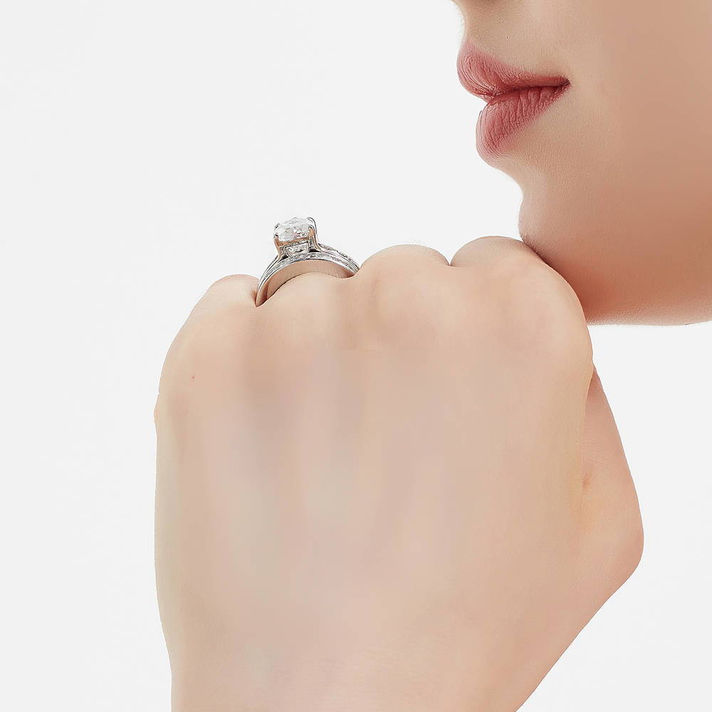 Solitaire 3ct Pear CZ Ring Set in Sterling Silver