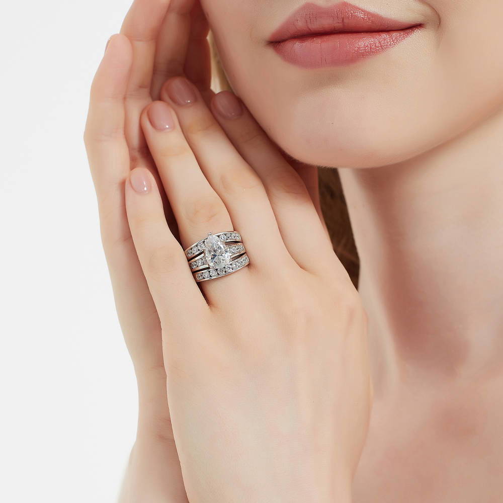 Solitaire 3ct Pear CZ Ring Set in Sterling Silver