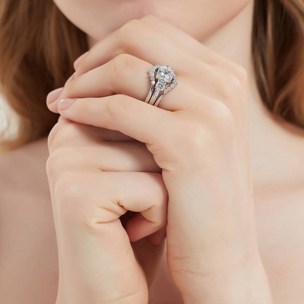 3-Stone Wishbone 7-Stone Cushion CZ Ring Set in Sterling Silver