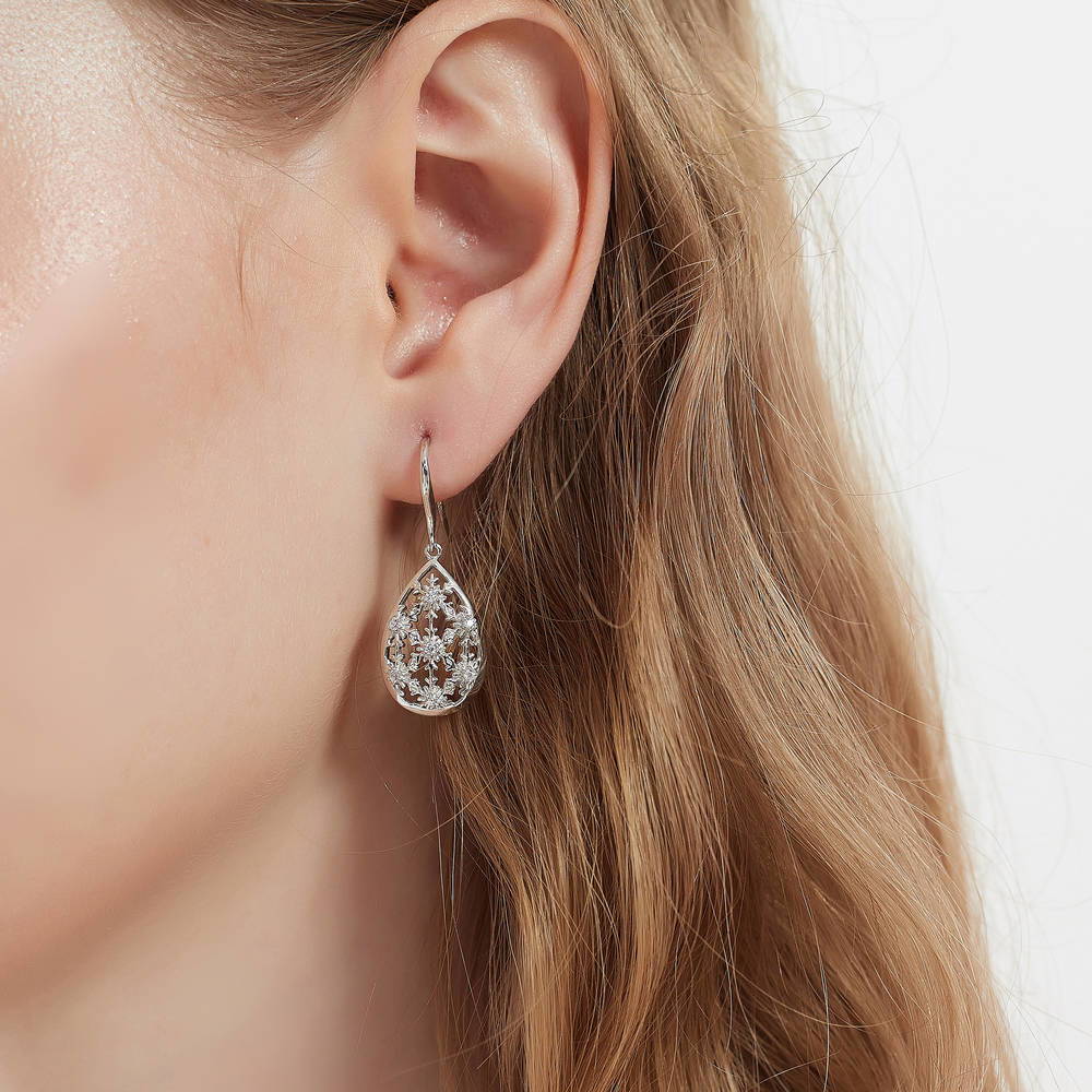 Snowflake CZ Fish Hook Dangle Earrings in Sterling Silver