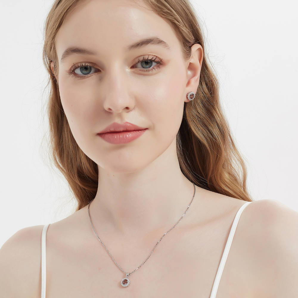 Model wearing Halo Caramel Round CZ Pendant Necklace in Sterling Silver, 7 of 8