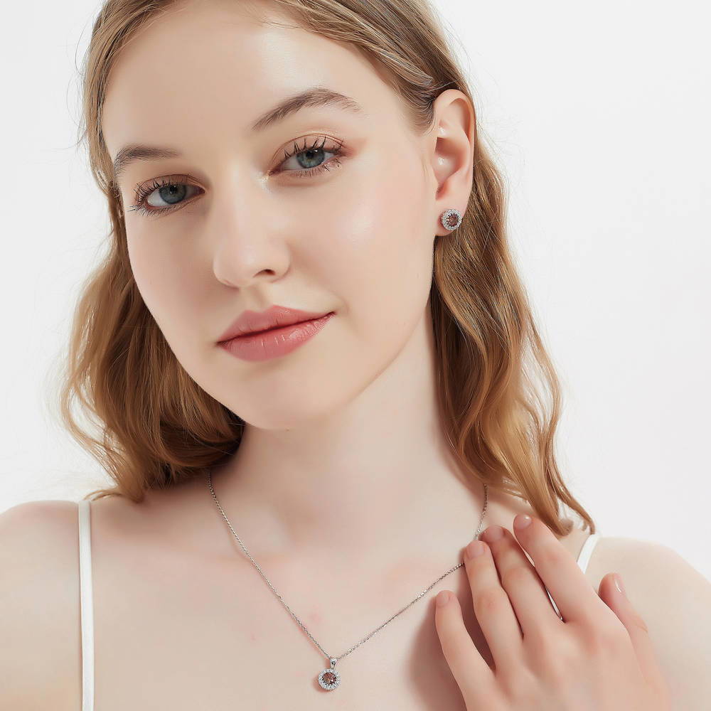 Model wearing Halo Caramel Round CZ Pendant Necklace in Sterling Silver, 6 of 8