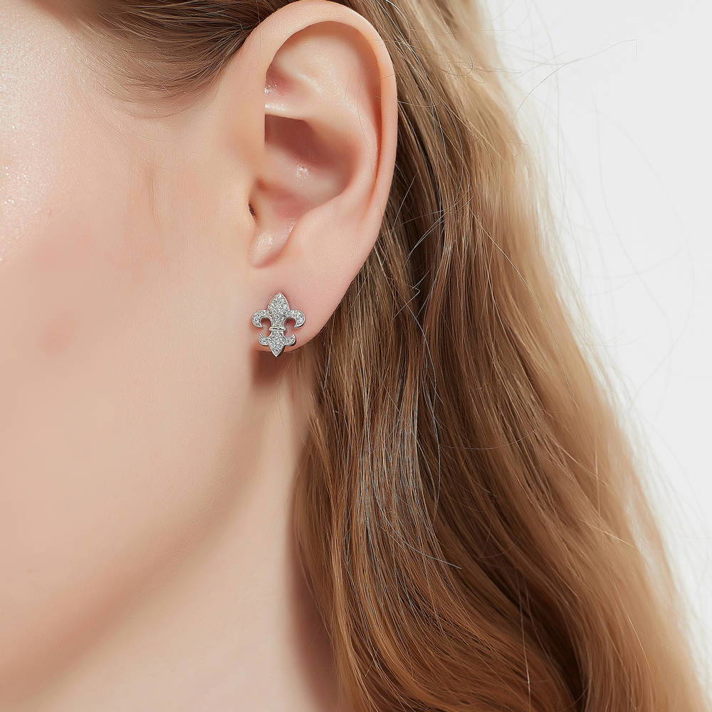 Model wearing Fleur De Lis CZ Necklace and Earrings Set in Sterling Silver, 9 of 12