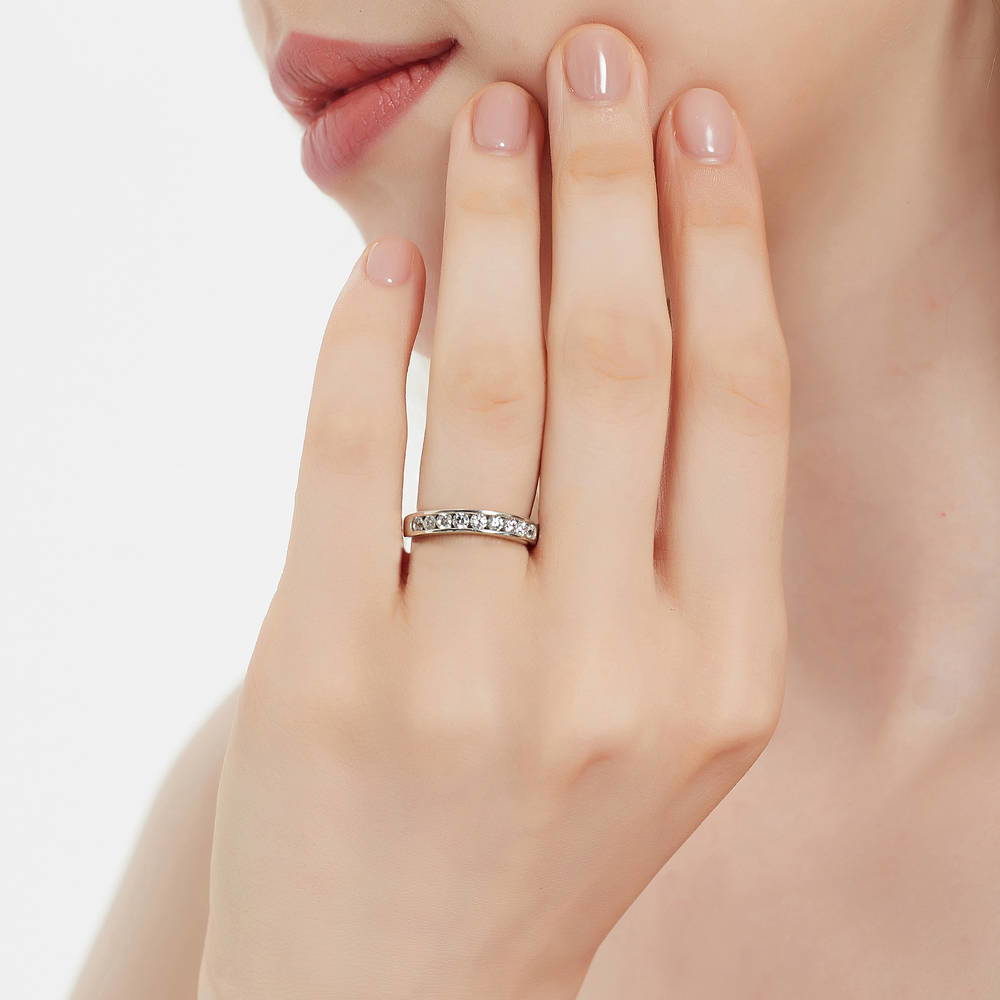 Model wearing Solitaire 3ct Cushion CZ Ring Set in Sterling Silver, 13 of 16
