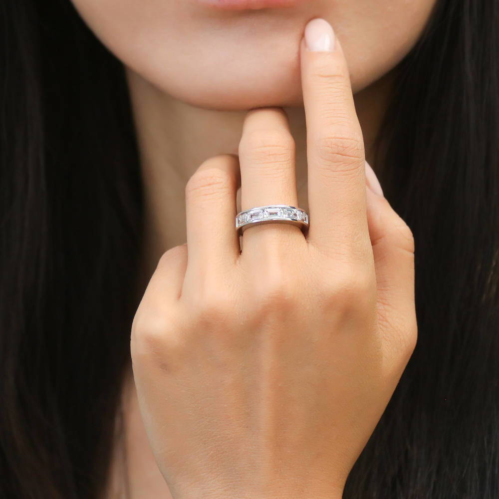 5-Stone Channel Emerald Cut CZ Eternity Ring in Sterling Silver