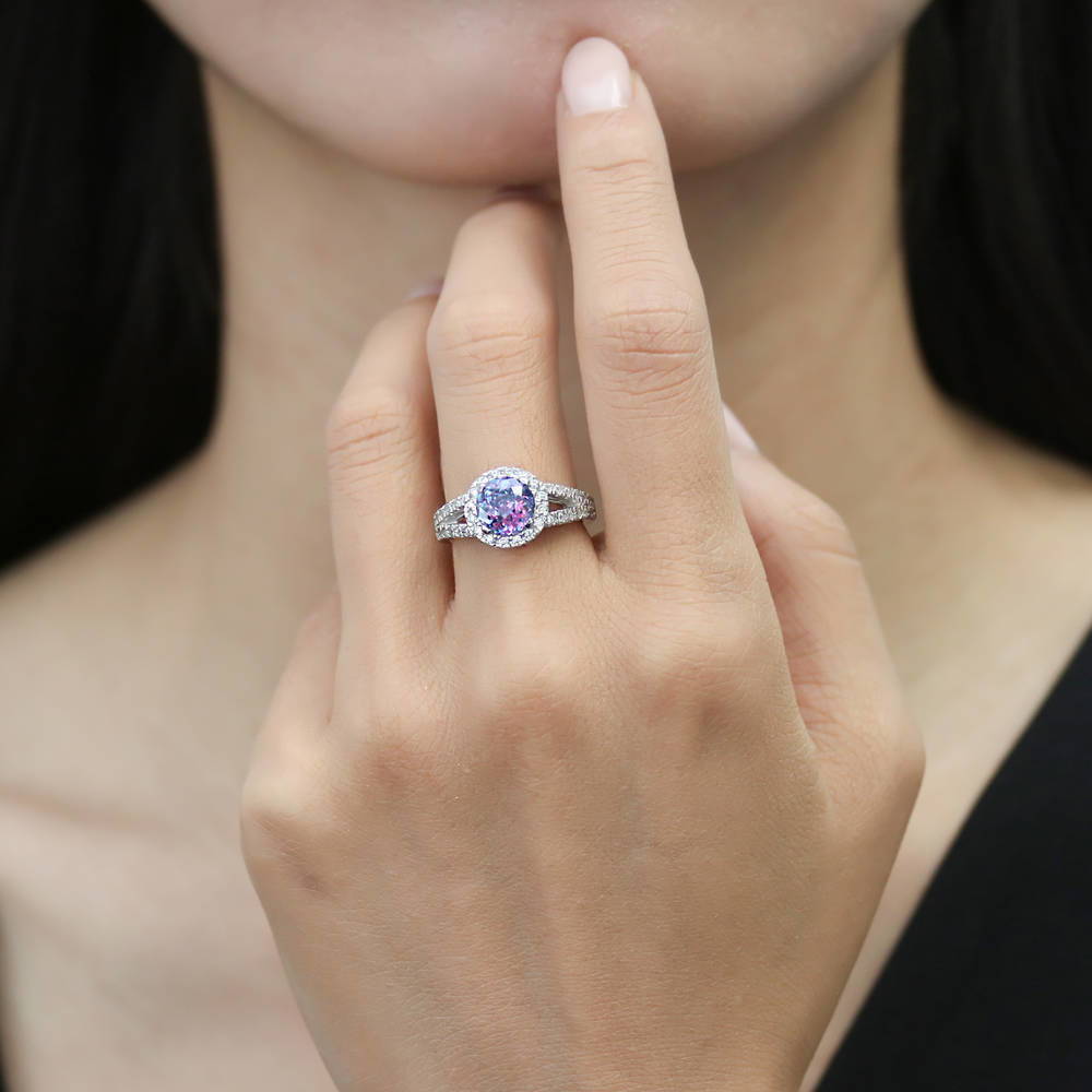 Halo Purple Aqua CZ Split Shank Ring in Sterling Silver