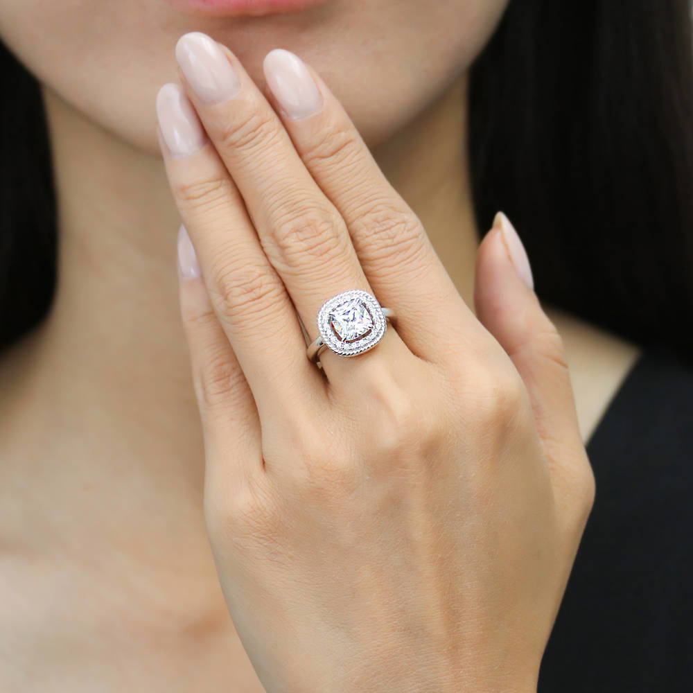 Halo Woven Art Deco Cushion CZ Ring in Sterling Silver