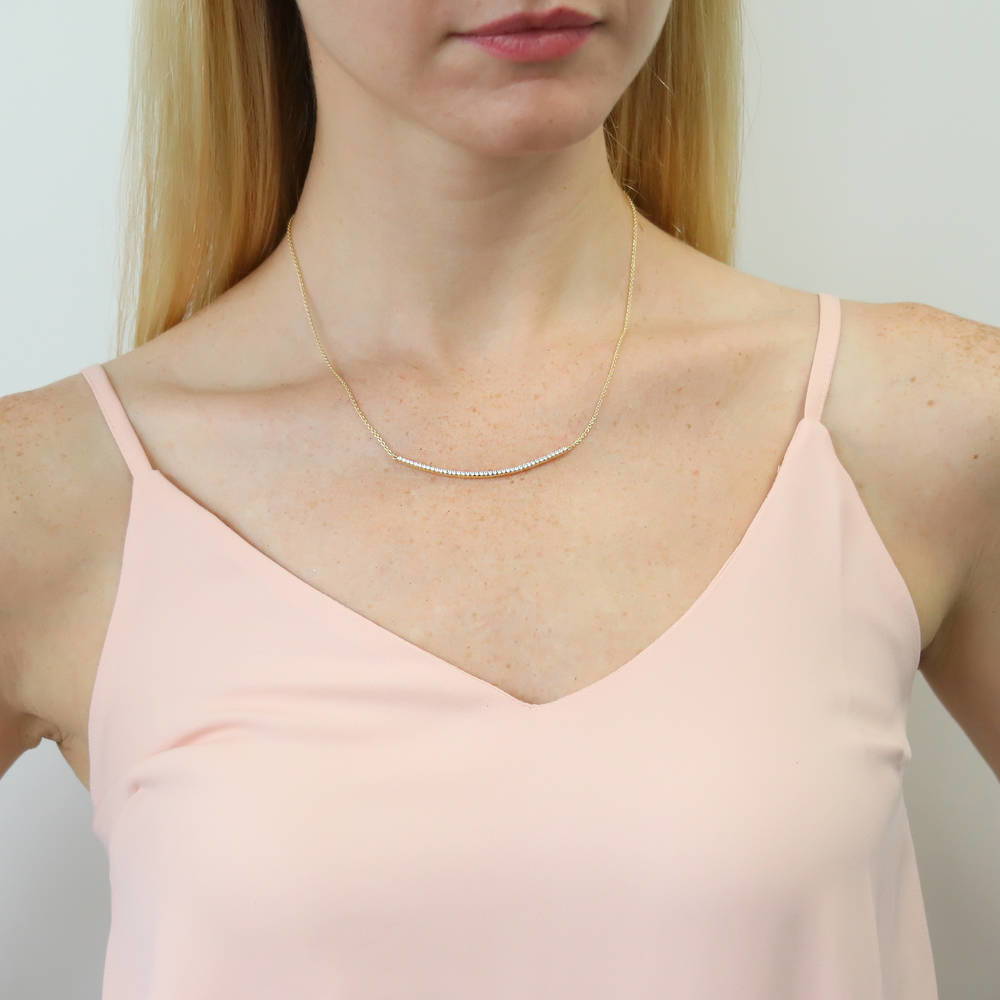 Model wearing Bar CZ Pendant Necklace in Gold Flashed Sterling Silver, 2 of 5