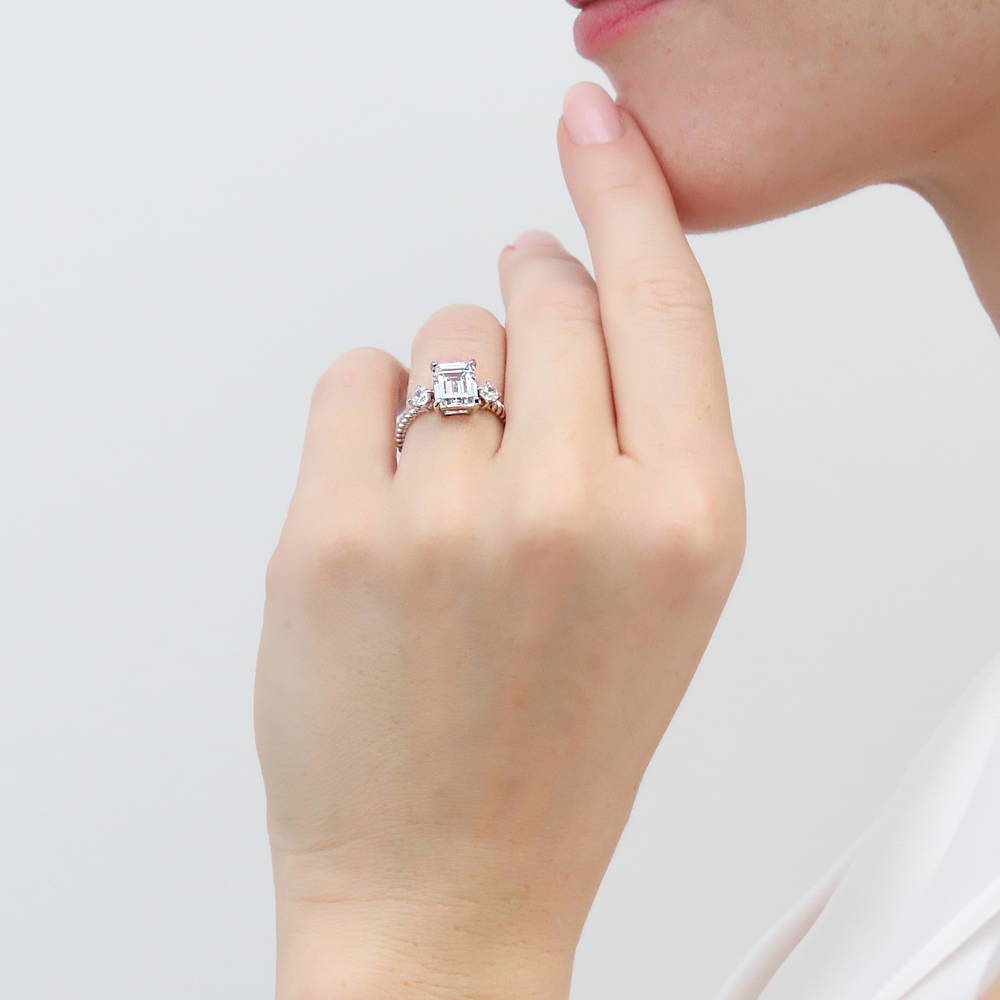 3-Stone Woven Wishbone Chevron CZ Ring Set in Sterling Silver