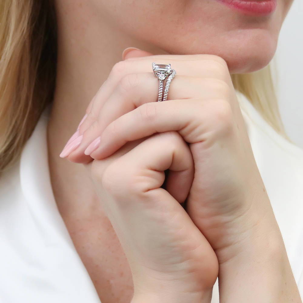 3-Stone Woven 2.6ct Emerald Cut CZ Ring in Sterling Silver