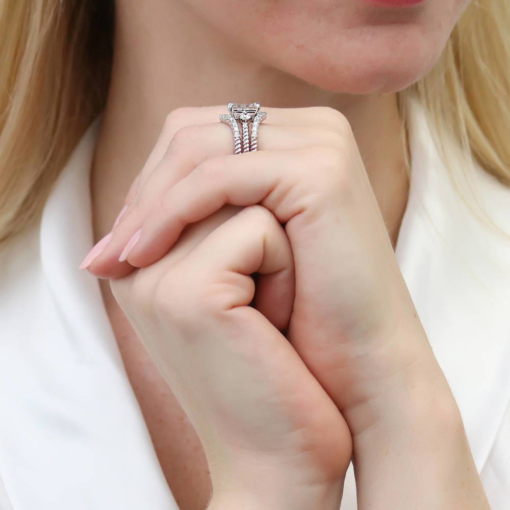 3-Stone Woven Emerald Cut CZ Ring Set in Sterling Silver