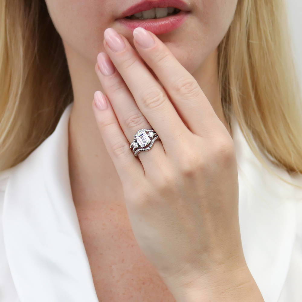 3-Stone Chevron Emerald Cut CZ Ring Set in Sterling Silver