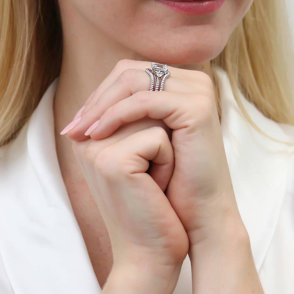 3-Stone Woven Wishbone Chevron CZ Ring Set in Sterling Silver